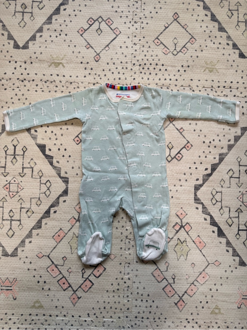 Magnetic Me Light Mint Footed Pajama with White Car Print
